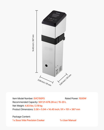 Sous Vide Precision Cooker, 1500W Sous-Vide Cooking Machine, Immersion Circulator with LED Digital Display, Adjustable Screw Clamp, Fast-Heating, Accurate Temperature & Timer Control, Sous-Vide