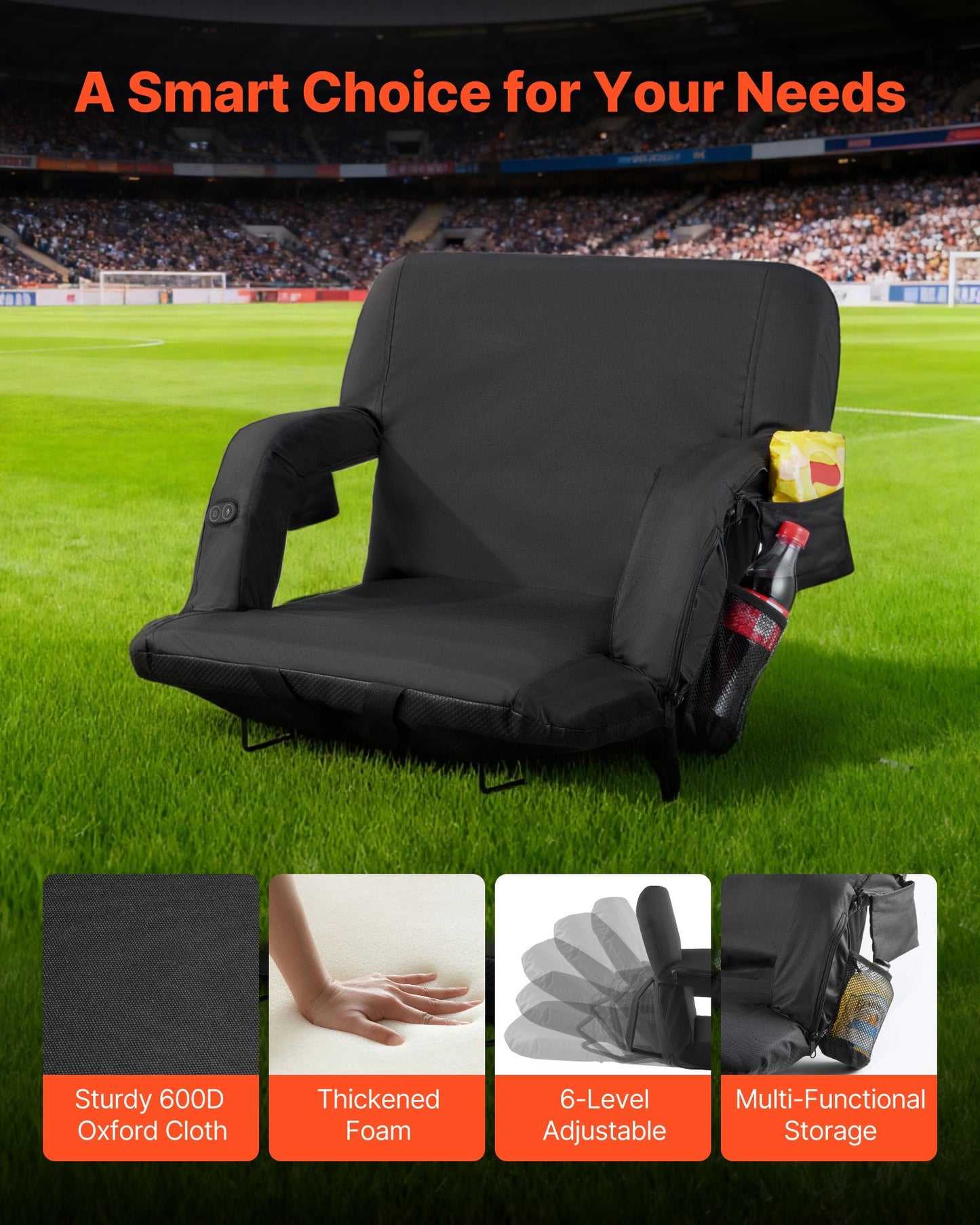 Stadium Seat, 25 inch Heated Stadium Chair, Bleacher Seat Heated with 4 Pockets for Bleachers, 3 Level Heating & 6 Modes Vibration Portable Heating Stadiums Chair for Camping, Sports Events
