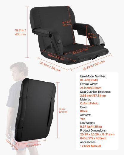 Stadium Seat, 25 inch Heated Stadium Chair, Bleacher Seat Heated with 4 Pockets for Bleachers, 3 Level Heating & 6 Modes Vibration Portable Heating Stadiums Chair for Camping, Sports Events