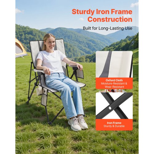 Uppvärmd Campingstol, 3 Värmeinställningar, Hopfällbar Campingstol med Hög Rygg, Stöder 117 kg, Helstoppade Strandstolar med Armstöd och Mugghållare, Bärbara Trädgårdsstolar för Utomhussporter och Resor |  EU