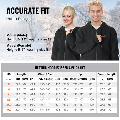 Heated Hoodie Sweatshirt Zip Up Unisex med batteri för män och kvinnor XL svart