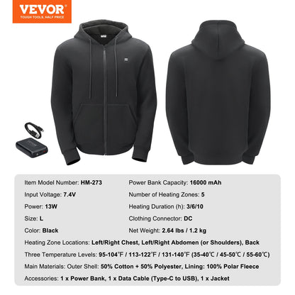 Uppvärmd Hoodie Sweatshirt Zip Up Unisex med batteri för män och kvinnor L Svart