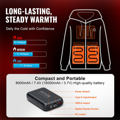Heated Hoodie Sweatshirt Zip Up Unisex med batteri för män och kvinnor M Svart
