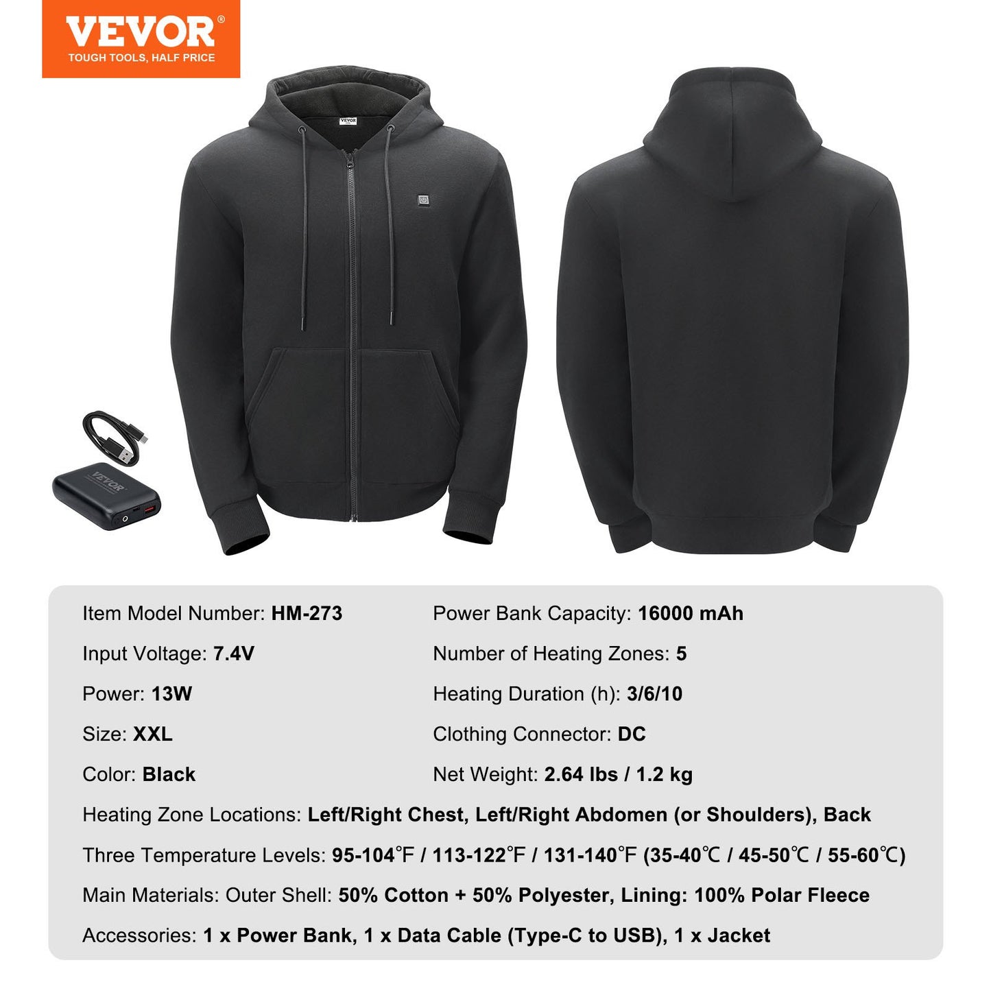 Heated Hoodie Sweatshirt Zip Up Unisex med batteri för män och kvinnor XXL