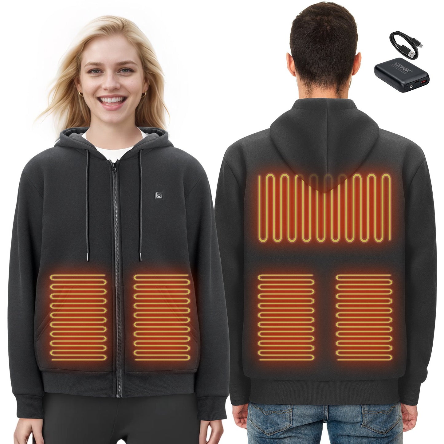 Heated Hoodie Sweatshirt Zip Up Unisex med batteri för män och kvinnor XXL