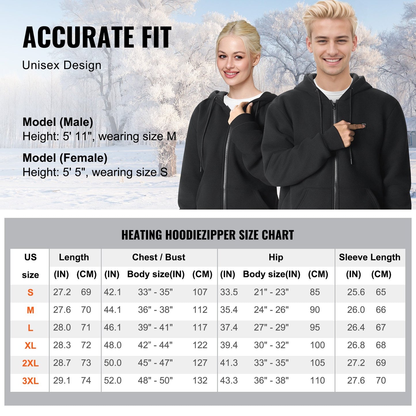 Heated Hoodie Sweatshirt Zip Up Unisex med batteri för män och kvinnor XXXL