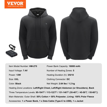 Heated Hoodie Sweatshirt Unisex med batteri för män & kvinnor XXL Svart