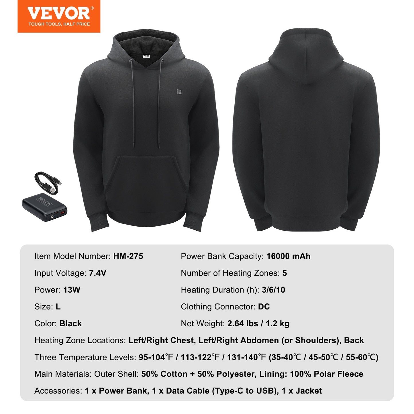Heated Hoodie Sweatshirt Unisex med batteri för män & kvinnor L Storlek Svart