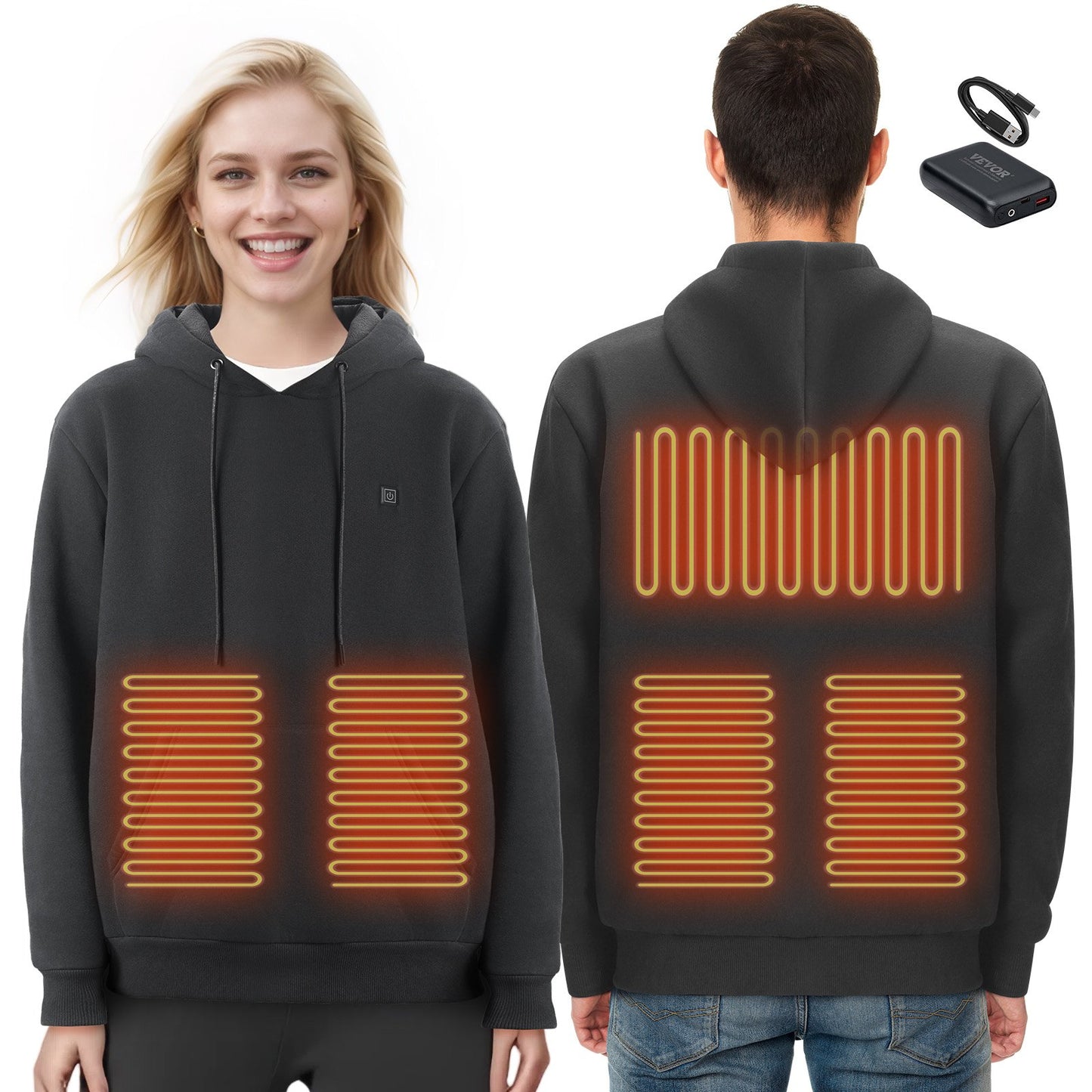 Heated Hoodie Sweatshirt Unisex med batteri för män & kvinnor L Storlek Svart