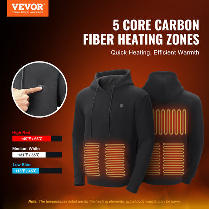 Heated Hoodie Sweatshirt Unisex med batteri för män & kvinnor XL Storlek Svart