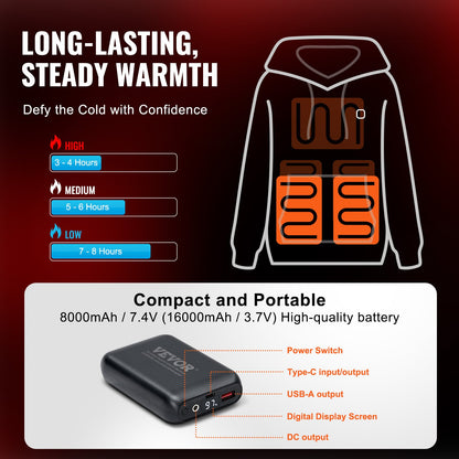 Heated Hoodie Sweatshirt Unisex med batteri för män & kvinnor XXXL Svart