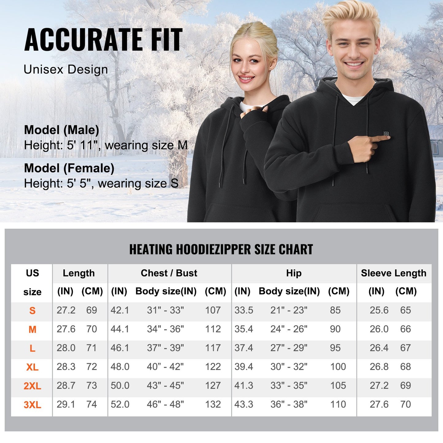 Heated Hoodie Sweatshirt Unisex med batteri för män & kvinnor XXXL Svart