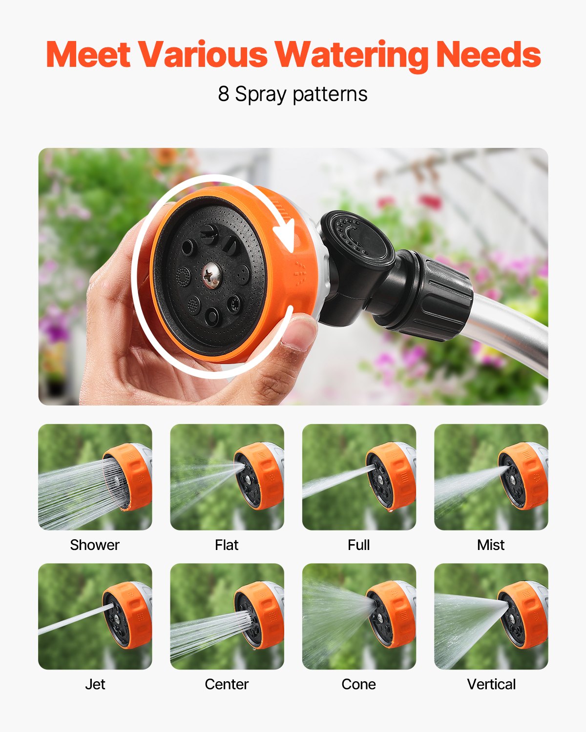 Watering Wand, 15-Inch Heavy Duty Garden Hose Wand with 8 Spray Patterns & 180° Swivel Head, Long Hose Nozzle Sprayer with on/off Thumb Control, Ideal for Hanging Baskets, Shrubs, Garden, Lawn