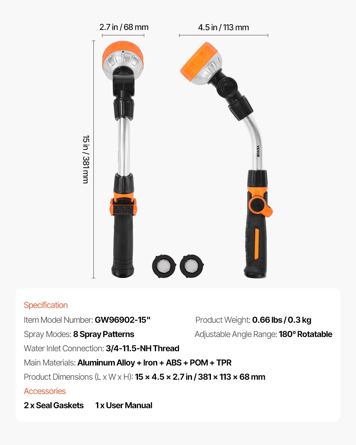 Watering Wand, 15-Inch Heavy Duty Garden Hose Wand with 8 Spray Patterns & 180° Swivel Head, Long Hose Nozzle Sprayer with on/off Thumb Control, Ideal for Hanging Baskets, Shrubs, Garden, Lawn