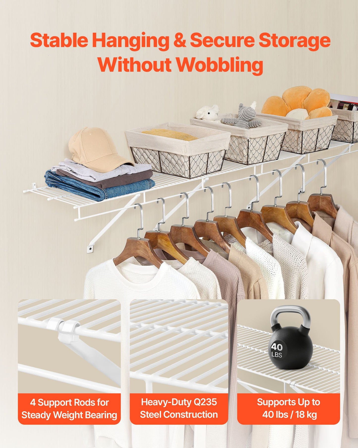 Wire Shelf Kit, 3 ft, Set of 2, Wall Mounted Wire Shelves, Heavy-Duty Carbon Steel Hanging Shelf, Floating Wall Storage Shelves with Dip Coating, for Closet, Bedroom, Living Room, Office, Pantry