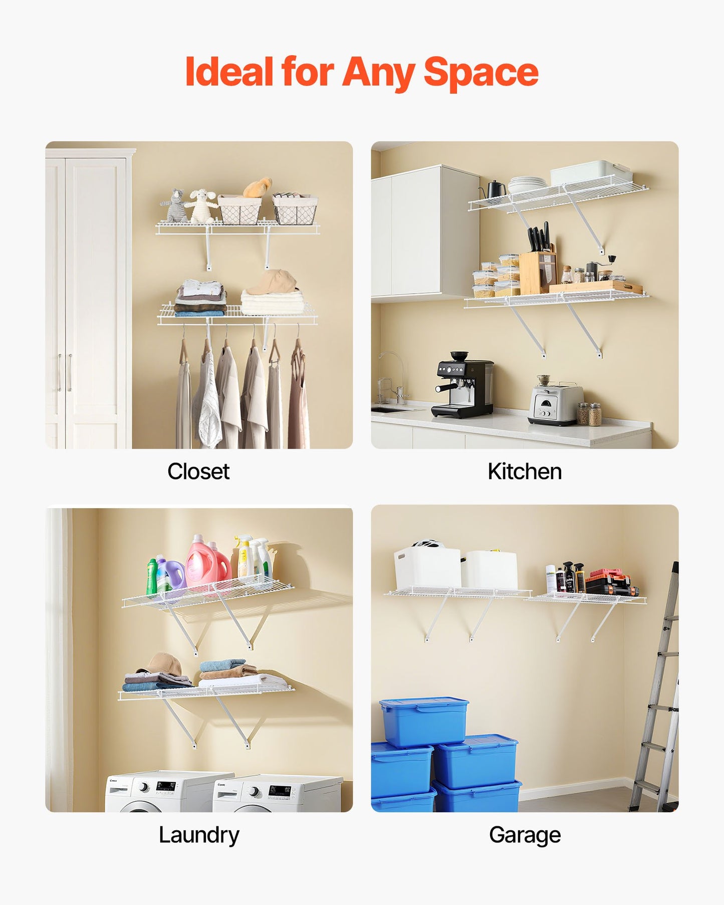 Wire Shelf Kit, 3 ft, Set of 2, Wall Mounted Wire Shelves, Heavy-Duty Carbon Steel Hanging Shelf, Floating Wall Storage Shelves with Dip Coating, for Closet, Bedroom, Living Room, Office, Pantry