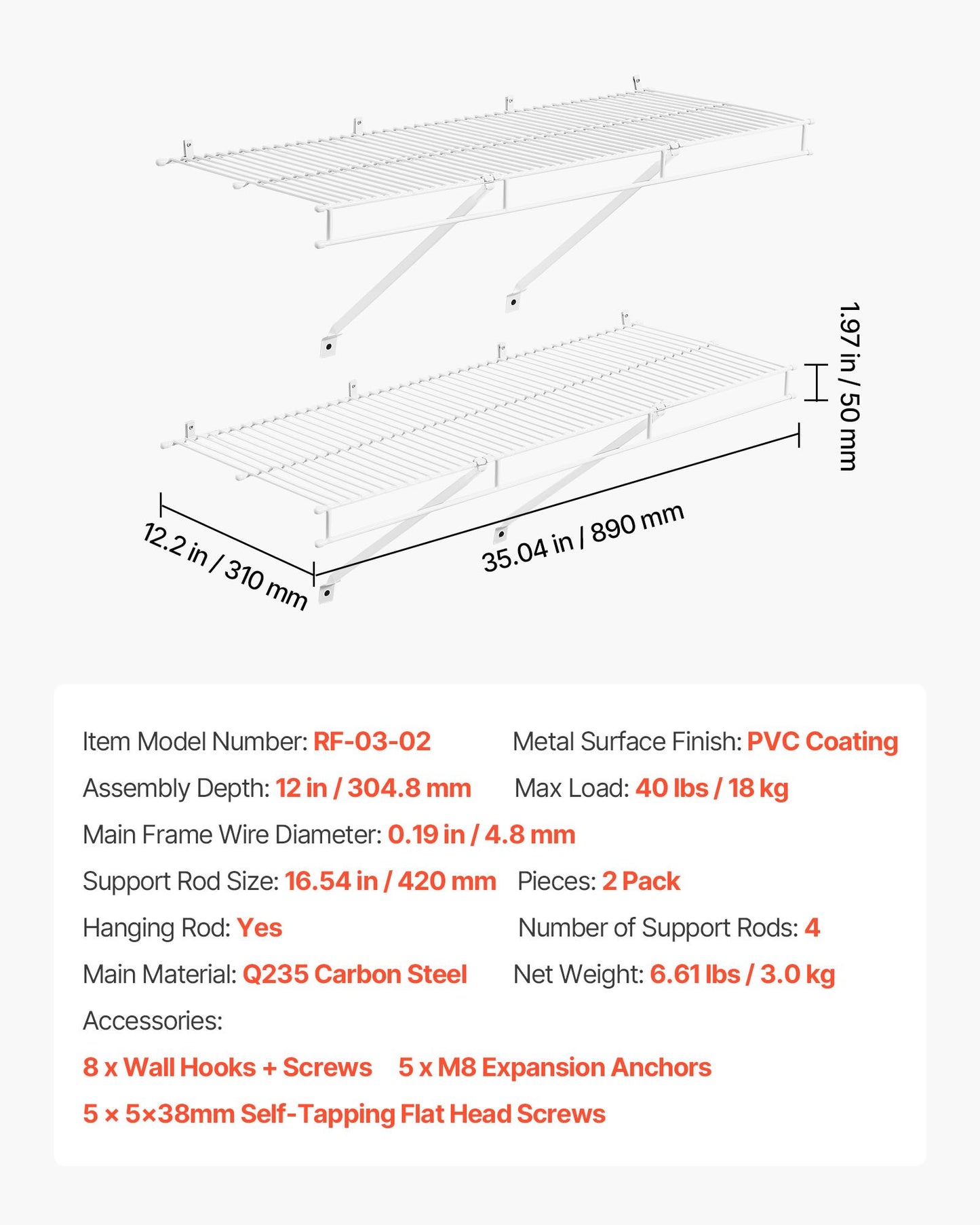 Wire Shelf Kit, 3 ft, Set of 2, Wall Mounted Wire Shelves, Heavy-Duty Carbon Steel Hanging Shelf, Floating Wall Storage Shelves with Dip Coating, for Closet, Bedroom, Living Room, Office, Pantry