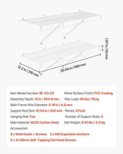 Wire Shelf Kit, 3 ft, Set of 2, Wall Mounted Wire Shelves, Heavy-Duty Carbon Steel Hanging Shelf, Floating Wall Storage Shelves with Dip Coating, for Closet, Bedroom, Living Room, Office, Pantry