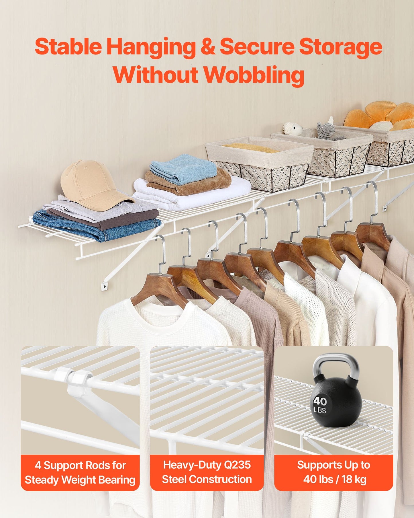 Wire Shelf Kit, 4 ft, Set of 2, Wall Mounted Wire Shelves, Heavy-Duty Carbon Steel Hanging Shelf, Floating Wall Storage Shelves with Dip Coating, for Closet, Bedroom, Living Room, Office, Pantry