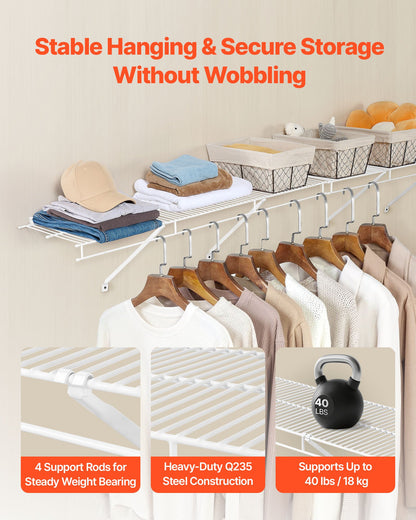 Wire Shelf Kit, 4 ft, Set of 2, Wall Mounted Wire Shelves, Heavy-Duty Carbon Steel Hanging Shelf, Floating Wall Storage Shelves with Dip Coating, for Closet, Bedroom, Living Room, Office, Pantry