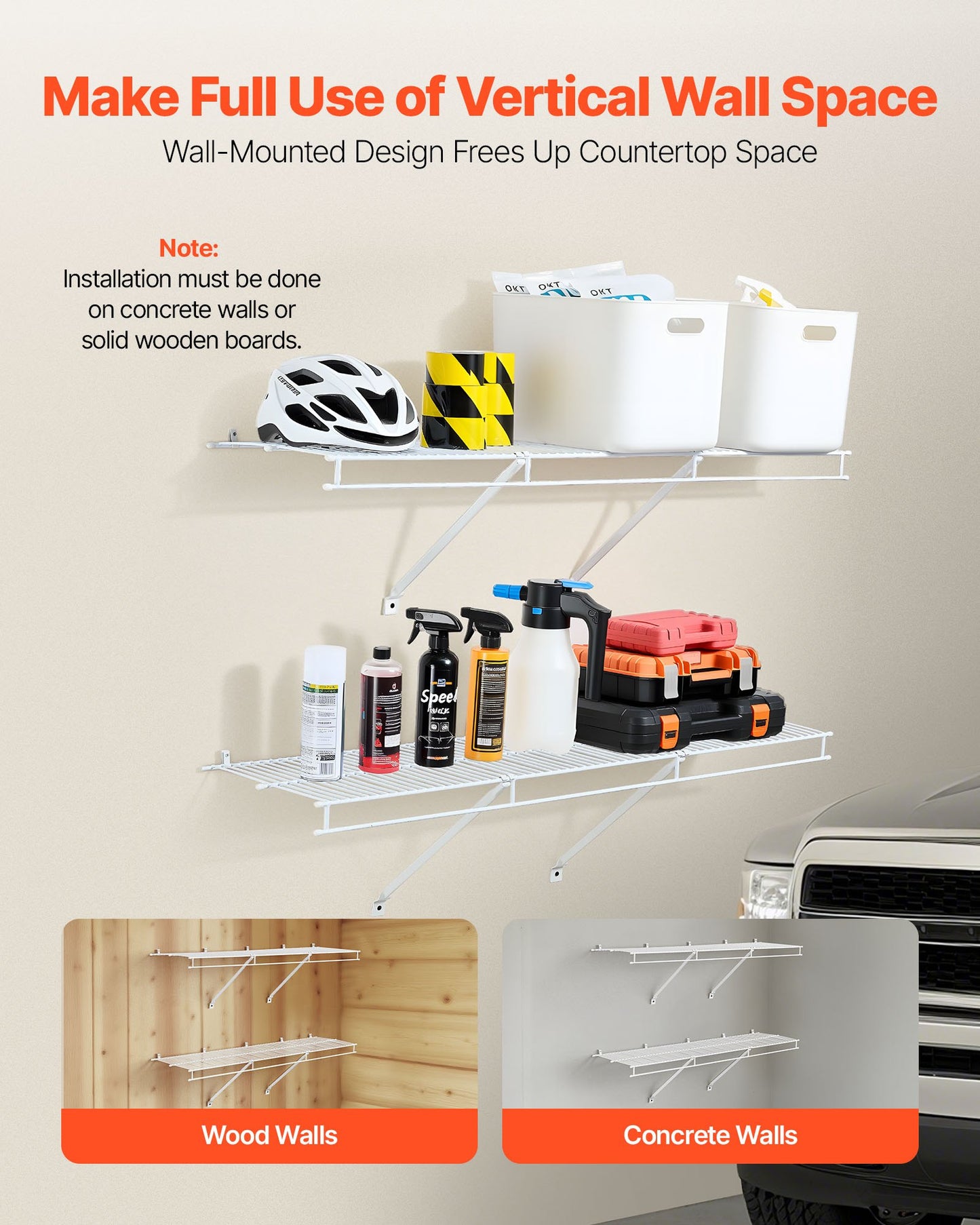 Wire Shelf Kit, 4 ft, Set of 2, Wall Mounted Wire Shelves, Heavy-Duty Carbon Steel Hanging Shelf, Floating Wall Storage Shelves with Dip Coating, for Closet, Bedroom, Living Room, Office, Pantry