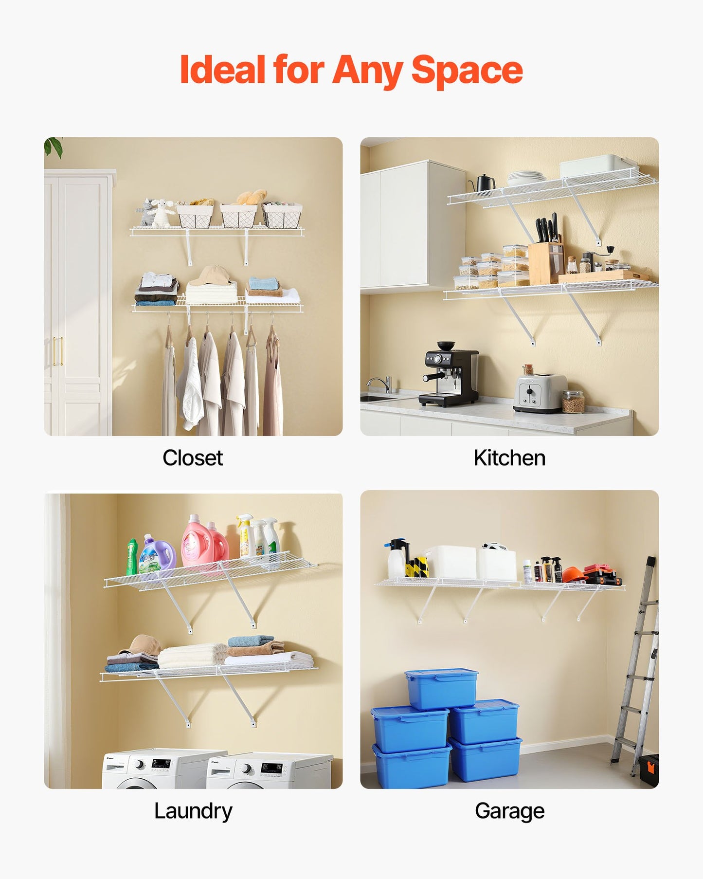 Wire Shelf Kit, 4 ft, Set of 2, Wall Mounted Wire Shelves, Heavy-Duty Carbon Steel Hanging Shelf, Floating Wall Storage Shelves with Dip Coating, for Closet, Bedroom, Living Room, Office, Pantry