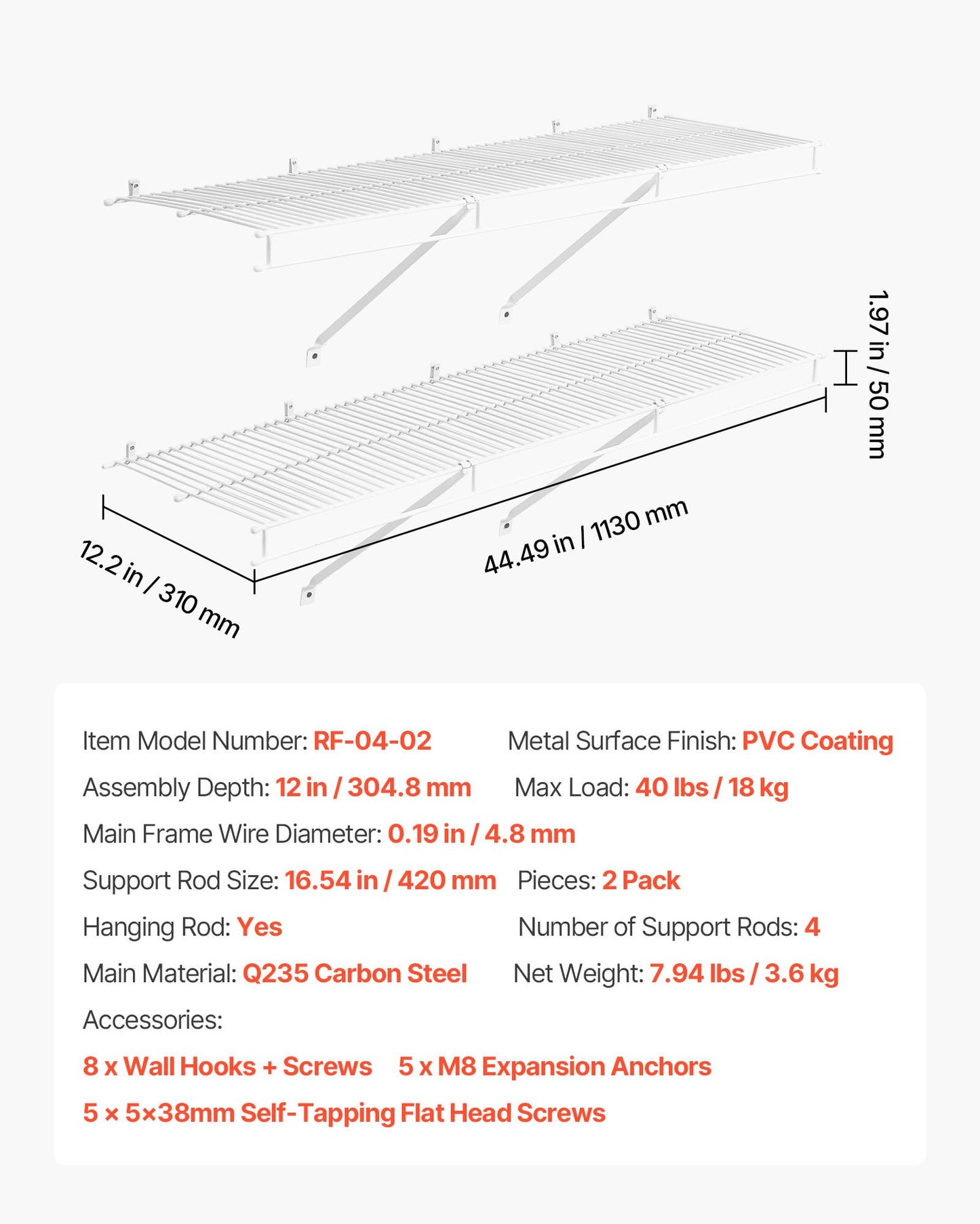 Wire Shelf Kit, 4 ft, Set of 2, Wall Mounted Wire Shelves, Heavy-Duty Carbon Steel Hanging Shelf, Floating Wall Storage Shelves with Dip Coating, for Closet, Bedroom, Living Room, Office, Pantry