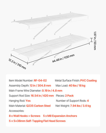 Wire Shelf Kit, 4 ft, Set of 2, Wall Mounted Wire Shelves, Heavy-Duty Carbon Steel Hanging Shelf, Floating Wall Storage Shelves with Dip Coating, for Closet, Bedroom, Living Room, Office, Pantry