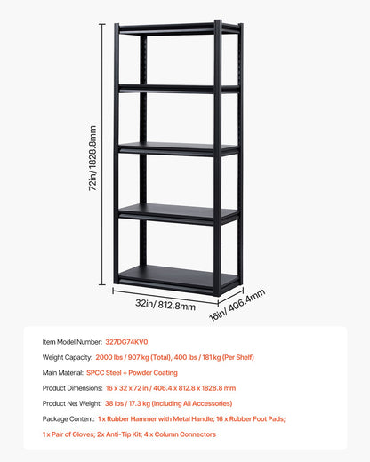 Storage Shelves 16" D x 32" W x 72" H 5-Tier Garage Storage Shelves