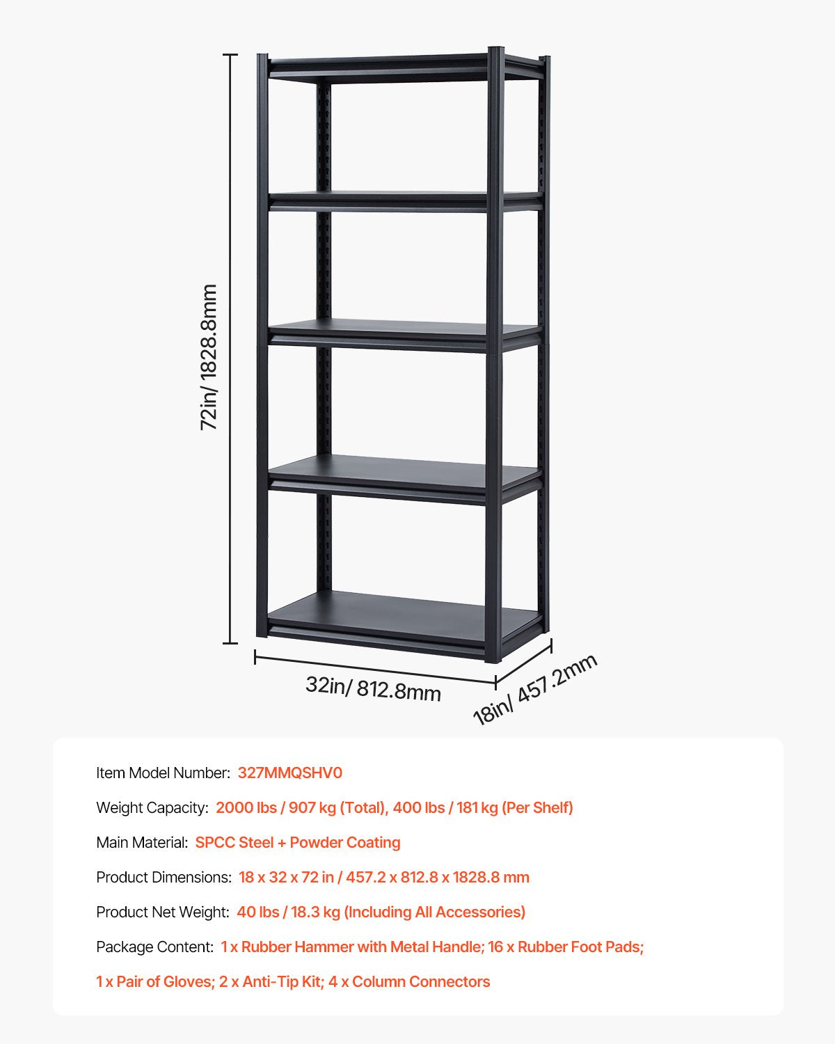 Storage Shelves 18" D x 32" W x 72" H 5-Tier Garage Storage Shelves
