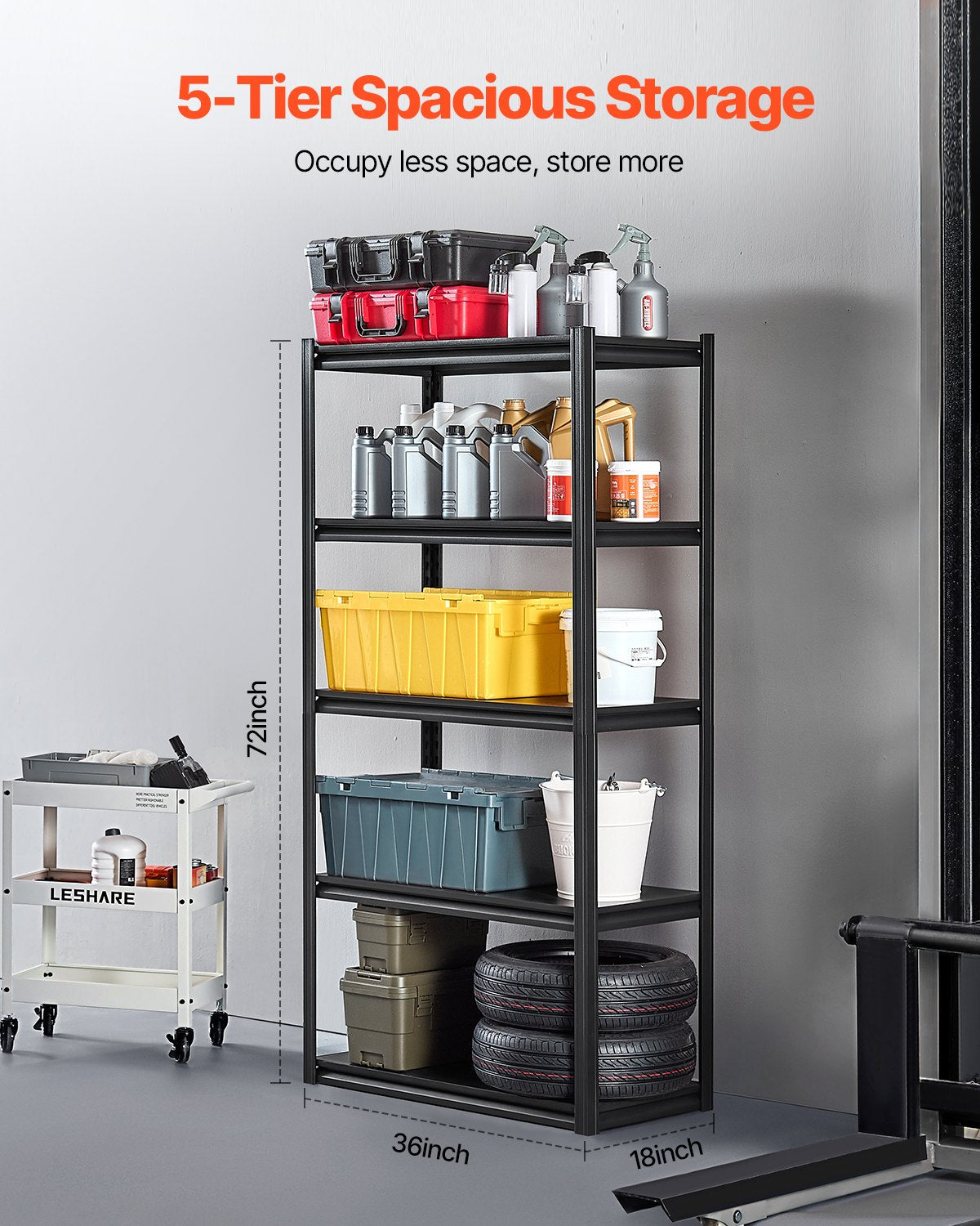 Storage Shelves, 2000 lbs, 5 Tier Garage Storage Shelving, 18" D x 36" W x 72" H Adjustable Metal Shelves for Garage Shelves Utility Rack Shelf, Ideal for Kitchen, Warehouse, Basement, Black
