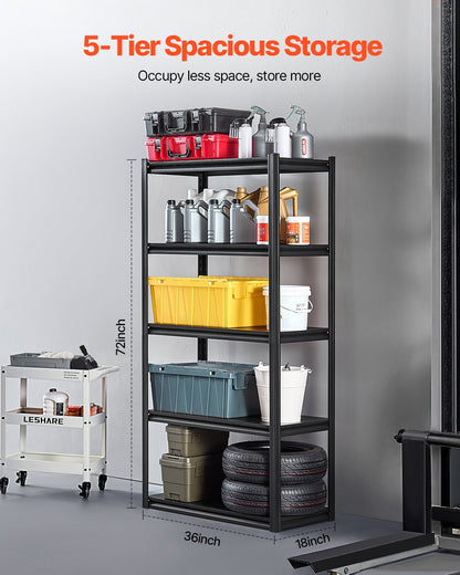 Storage Shelves, 2000 lbs, 5 Tier Garage Storage Shelving, 18" D x 36" W x 72" H Adjustable Metal Shelves for Garage Shelves Utility Rack Shelf, Ideal for Kitchen, Warehouse, Basement, Black