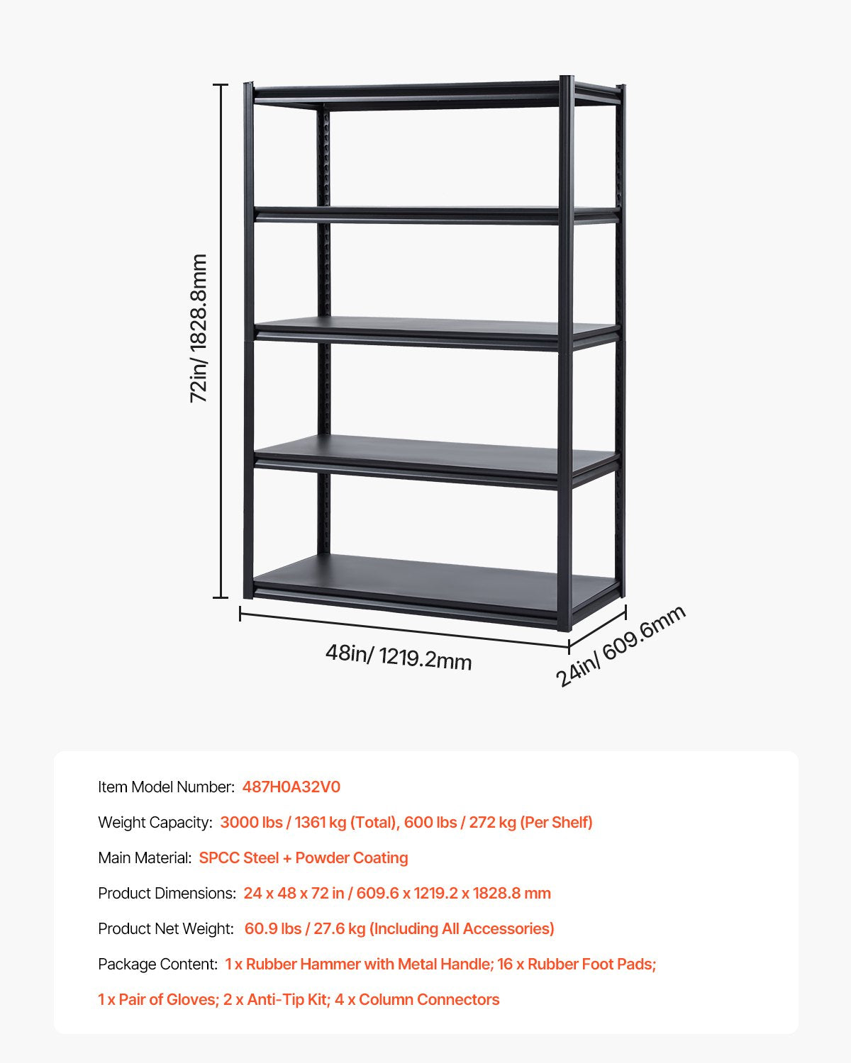Storage Shelves, 3000 lbs, 5 Tier Garage Storage Shelving, 24" D x 48" W x 72" H Adjustable Metal Shelves for Garage Shelves Utility Rack Shelf, Ideal for Kitchen, Warehouse, Basement, Black