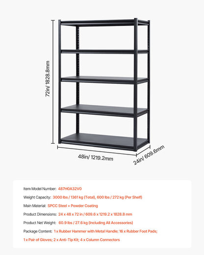 Storage Shelves, 3000 lbs, 5 Tier Garage Storage Shelving, 24" D x 48" W x 72" H Adjustable Metal Shelves for Garage Shelves Utility Rack Shelf, Ideal for Kitchen, Warehouse, Basement, Black