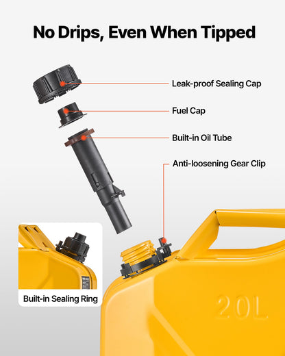 Newly Upgraded Oil-Tight Metal Fuel Container, 5.3 Gallon, Fuel Jerry Can with Spout and Comfort Handle, 6 L/min Max Flow Rate, Leakproof & Corrosion-resistant Metal Gas Tank Most Cars Motorcycle ATV UTV, Yellow