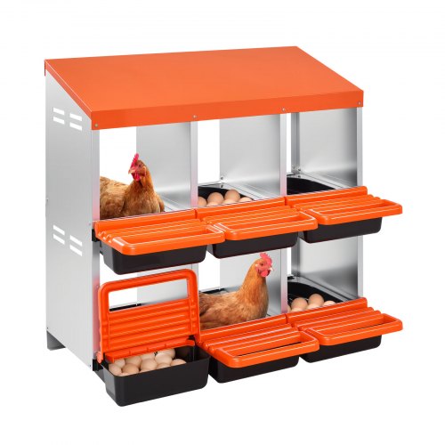 2 Tiers Chicken Nesting Boxes, 6 Compartments, Metal Egg Laying Boxes with Protective Collection Lids, Roll Out Nesting Box, Easy to Assemble, Ideal for Hens, Ducks, Chickens, and Other Poultry