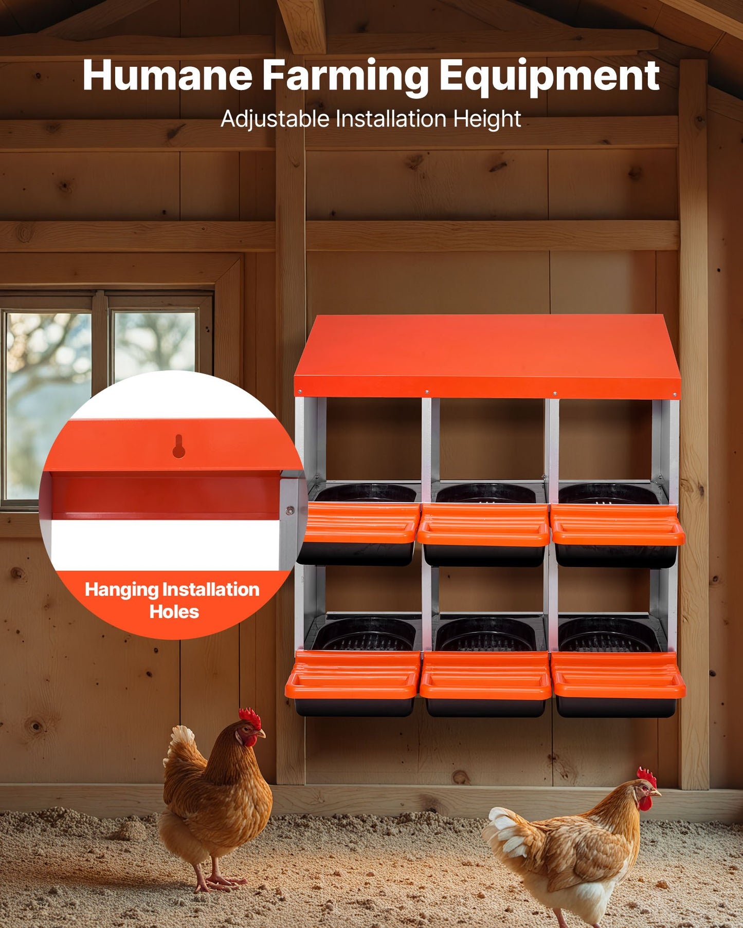 Chicken Nest Box, 6-Compartment, 30 to 45 in Stable & Corrosion-Resistant Metal Nesting Boxes with Inclined Nesting Boxes, Bottom Holes & Resting Platform, Fit for Different Chicken Breeds