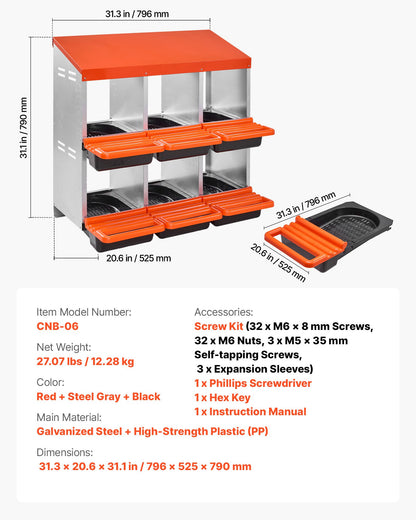 Chicken Nest Box, 6-Compartment, 30 to 45 in Stable & Corrosion-Resistant Metal Nesting Boxes with Inclined Nesting Boxes, Bottom Holes & Resting Platform, Fit for Different Chicken Breeds