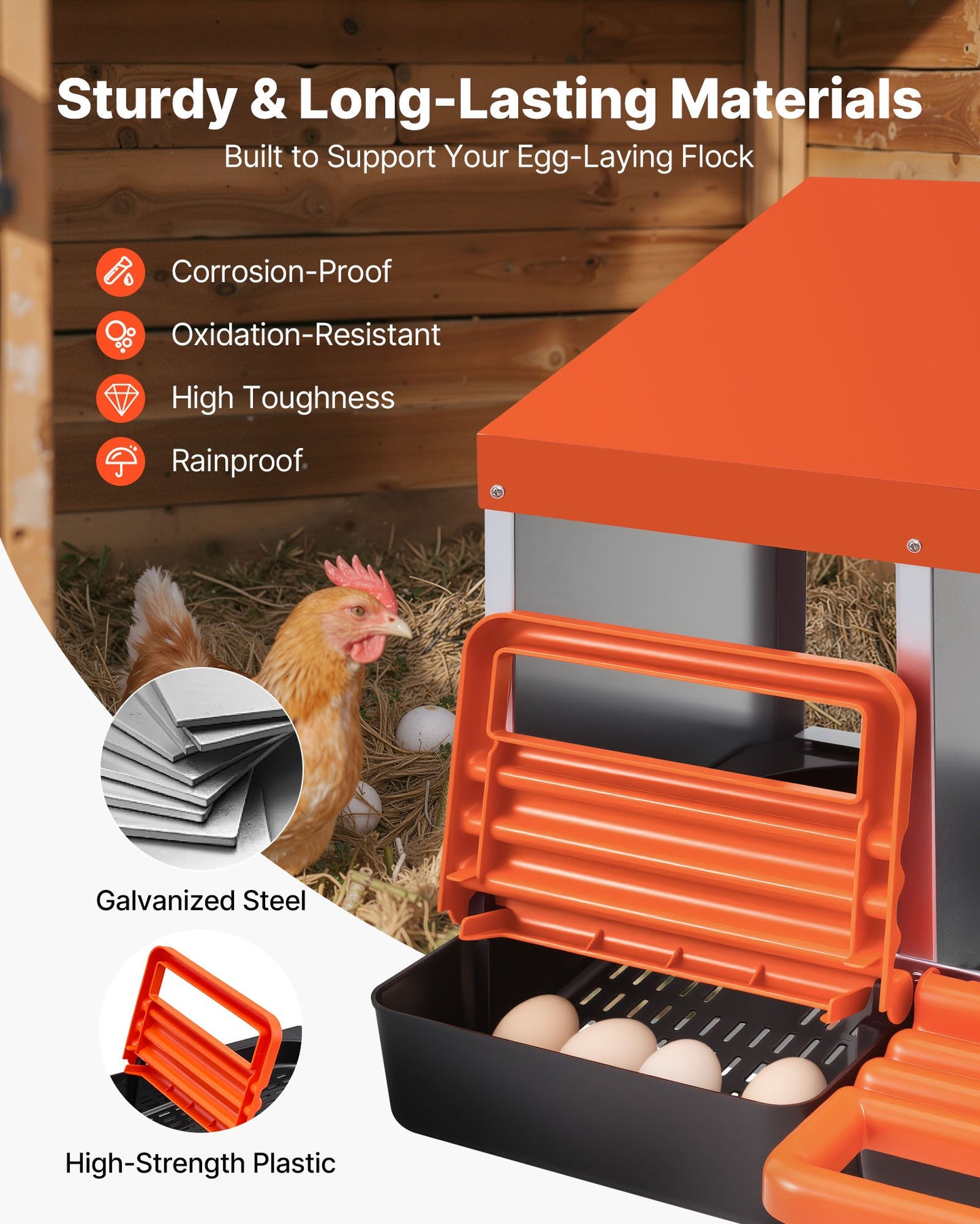 Chicken Nesting Boxes, 2 Compartments, Easy Egg Collection, Wall Mount, Easy to Assemble, Galvanized Steel and High-Strength Plastic, Roll Away Nesting Boxes for Chickens Laying Eggs, Orange