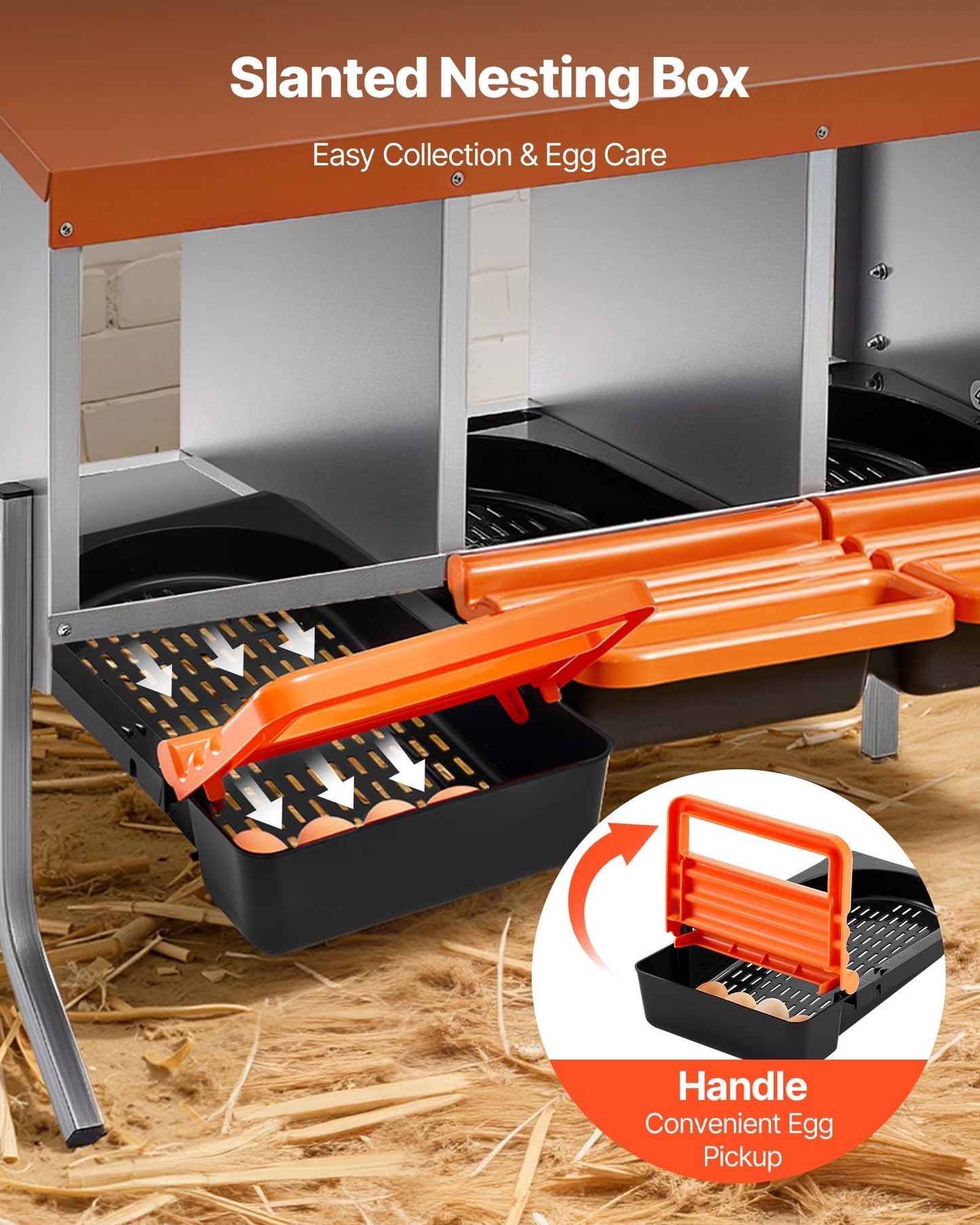 Chicken Nesting Boxes, 3 Compartments, with Support Legs, Easy Egg Collection, Galvanized Steel and High-Strength Plastic, Roll Away Nesting Boxes for Chickens and Hens Laying Eggs, Orange
