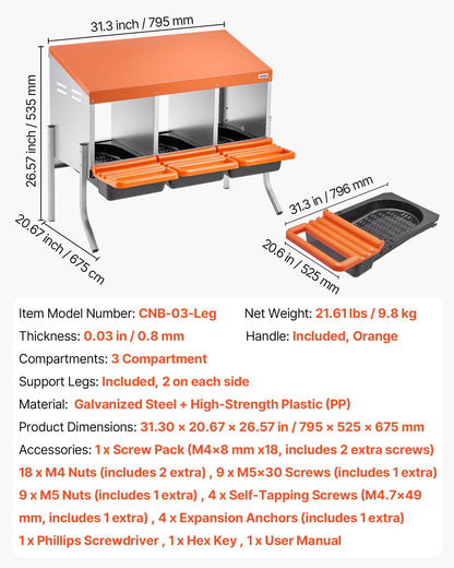 Chicken Nesting Boxes, 3 Compartments, with Support Legs, Easy Egg Collection, Galvanized Steel and High-Strength Plastic, Roll Away Nesting Boxes for Chickens and Hens Laying Eggs, Orange