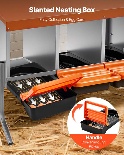 Chicken Nesting Boxes, 4 Compartments, with Support Legs, Easy Egg Collection, Galvanized Steel and High-Strength Plastic, Roll Away Nesting Boxes for Chickens and Hens Laying Eggs, Orange