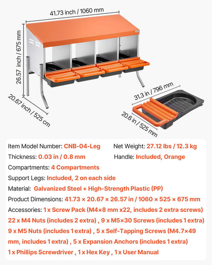 Chicken Nesting Boxes, 4 Compartments, with Support Legs, Easy Egg Collection, Galvanized Steel and High-Strength Plastic, Roll Away Nesting Boxes for Chickens and Hens Laying Eggs, Orange