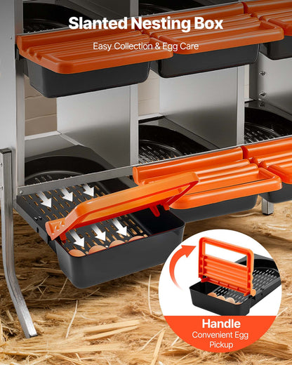 Chicken Nesting Boxes, 6 Compartments, with Support Legs, Easy Egg Collection, Galvanized Steel and High-Strength Plastic, Roll Away Nesting Boxes for Chickens and Hens Laying Eggs, Orange