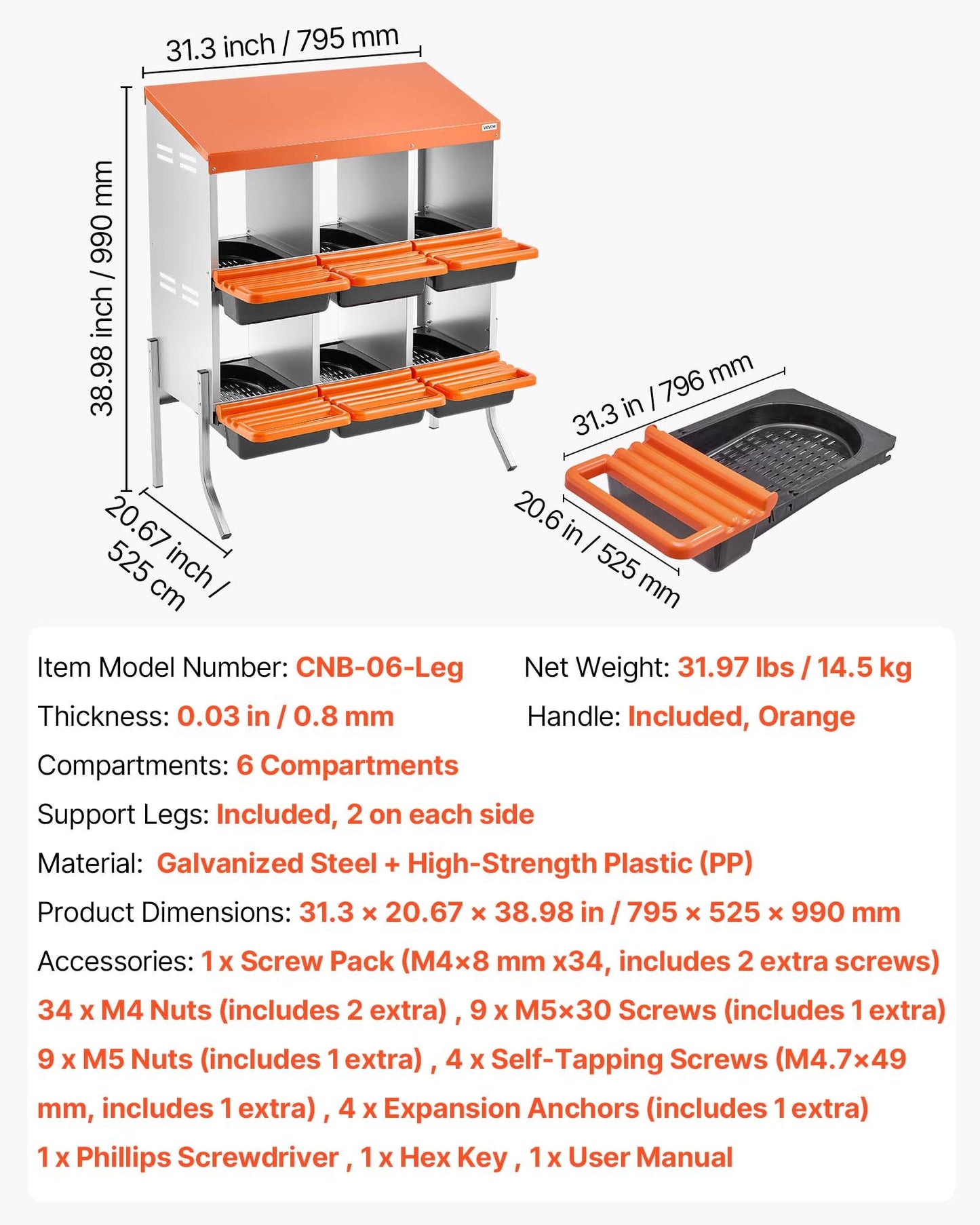 Chicken Nesting Boxes, 6 Compartments, with Support Legs, Easy Egg Collection, Galvanized Steel and High-Strength Plastic, Roll Away Nesting Boxes for Chickens and Hens Laying Eggs, Orange