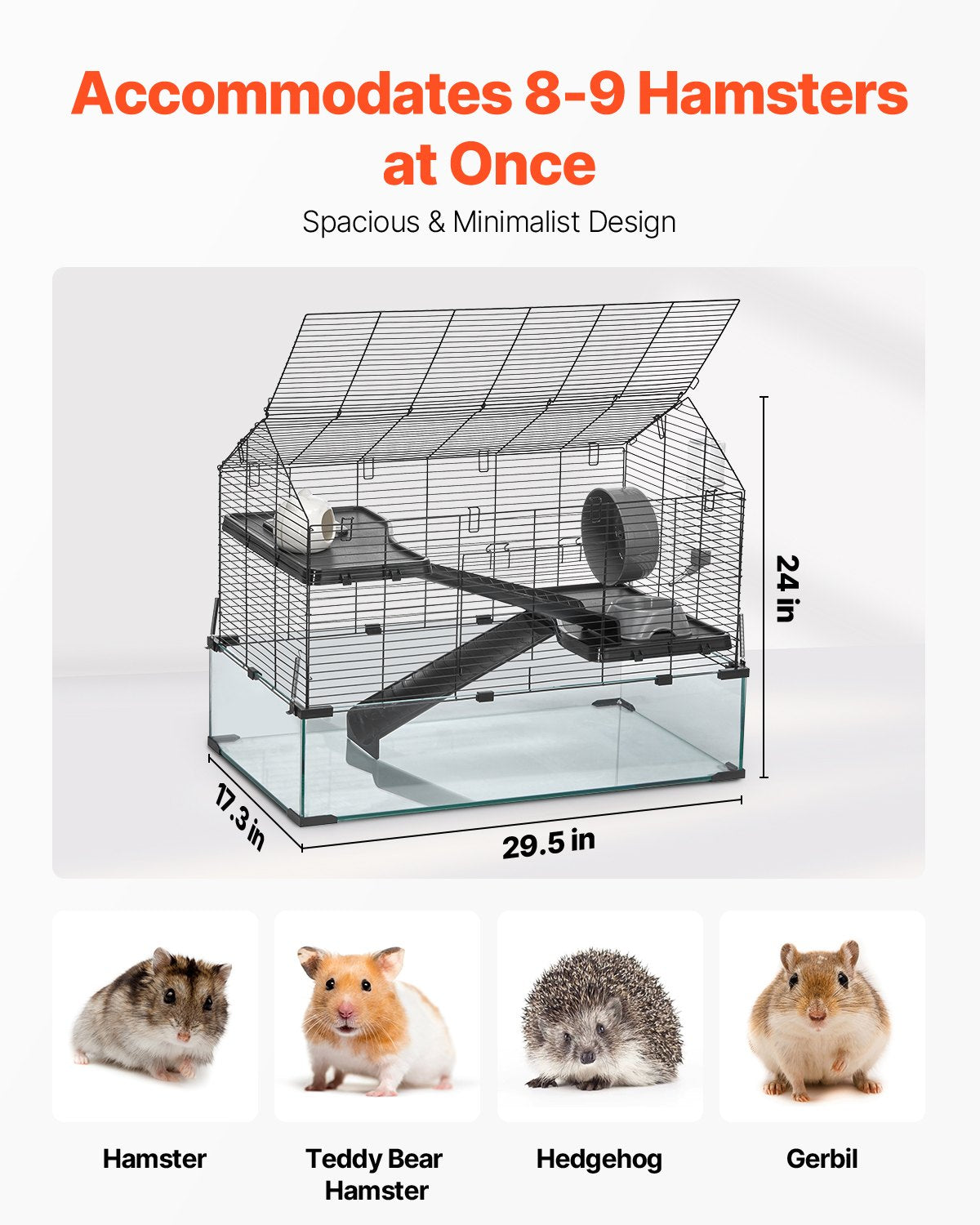 Hamster Cage, 360° Viewing Transparent Hamster Habitats, Small Animal Cage, 29.5 x 17.3 x 24 in, Ventilated Pet Mouse Cages with Water Bottle, Portable Hamster House for Rats, Guinea Pigs
