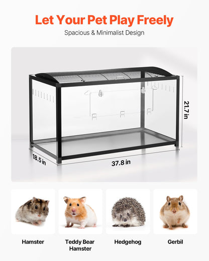 Hamster Cage, 360° Viewing Transparent Hamster Habitats, Small Animal Cage, 37.8 x 18.5 x 21.7 in, Ventilated Pet Mouse Cages with Front Door, Portable Hamster House for Rats, Guinea Pigs