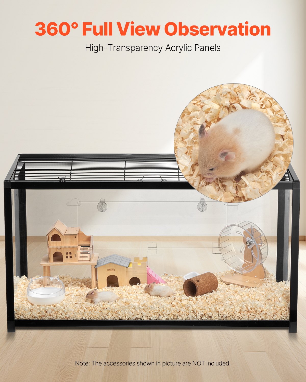 Hamster Cage, 360° Viewing Transparent Hamster Habitats, Small Animal Cage, 37.8 x 18.5 x 21.7 in, Ventilated Pet Mouse Cages with Front Door, Portable Hamster House for Rats, Guinea Pigs