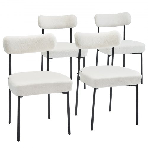 Boucle Dining Chairs Set of 4, Mid Century Modern Sherpa Accent Chairs, Upholstered Side Chair for Dining Table, Space-Saving White Kitchen Table Chair with Curved Backrest and Black Metal Legs