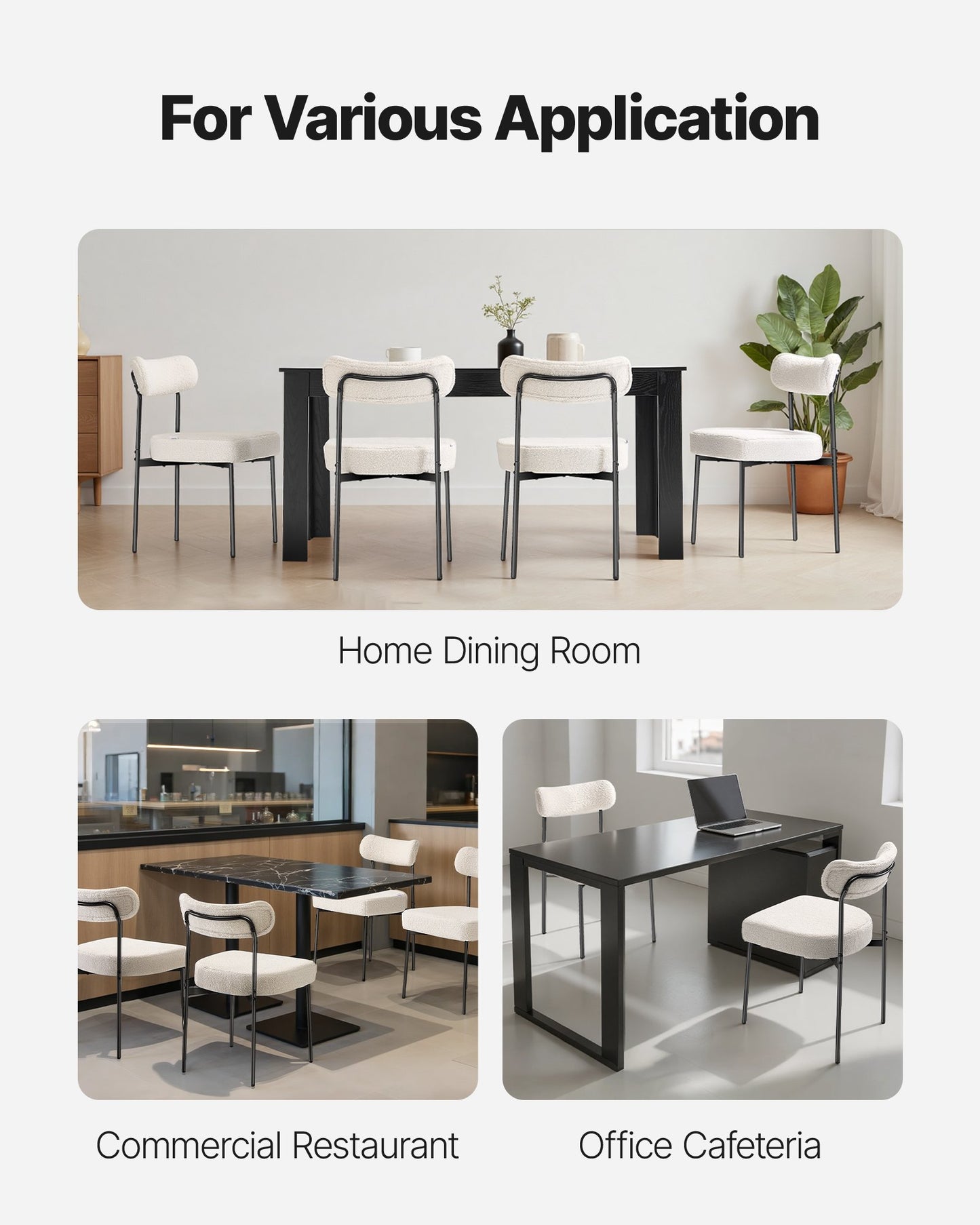 Boucle Dining Chairs Set of 4, Mid Century Modern Sherpa Accent Chairs, Upholstered Side Chair for Dining Table, Space-Saving White Kitchen Table Chair with Curved Backrest and Black Metal Legs